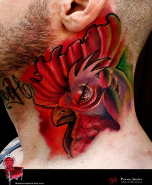 Neck Rooster tattoo by Piranha Tattoo Supplies
